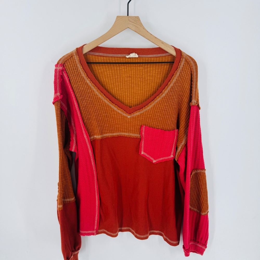POL Mixed Rust, Orange & Pink Patchwork V-Neck Sweater
